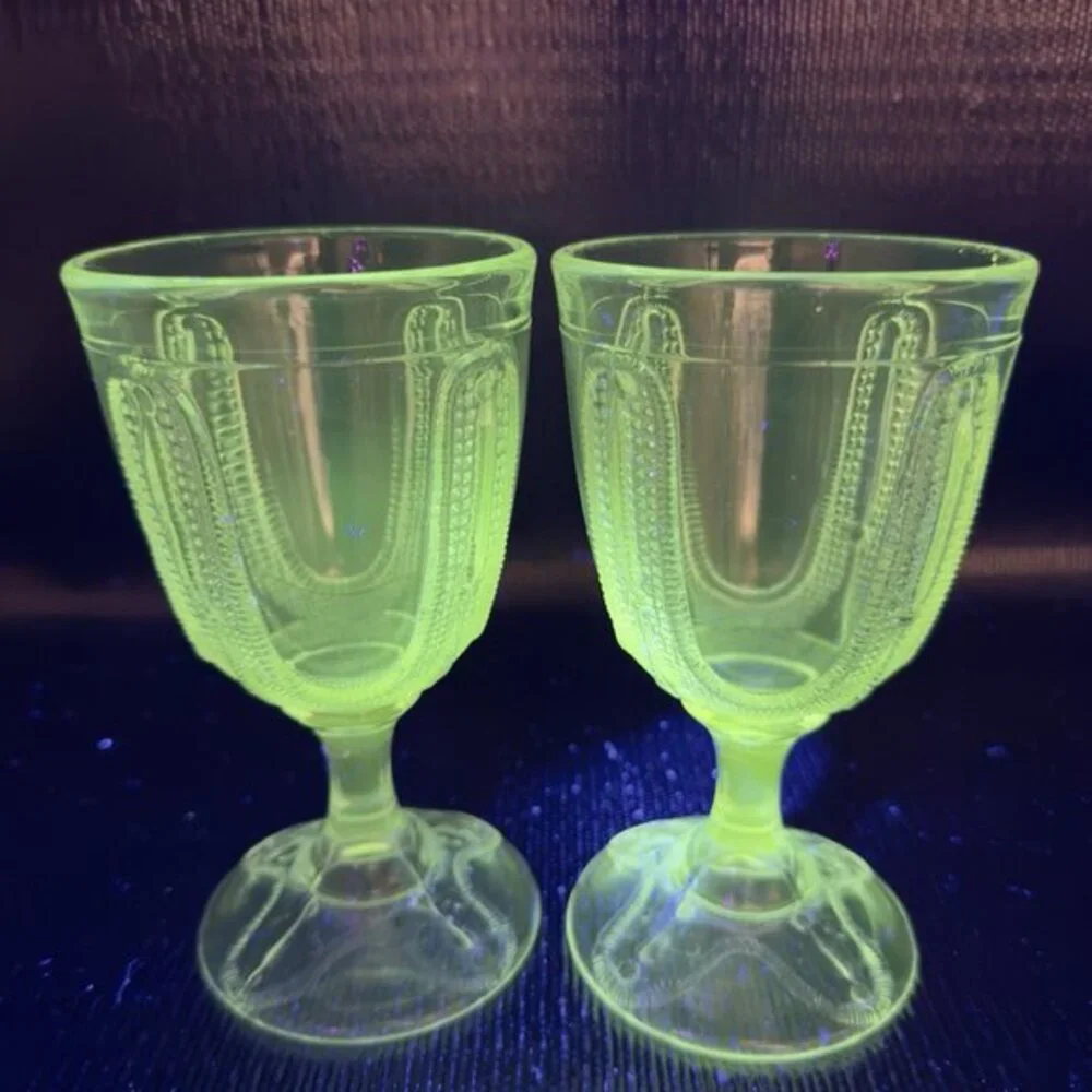 1880s EAPG Adams Glass Curtain Tie‎ Back Goblets Set 2 Manganese 365nm UV Glow